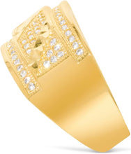 Load image into Gallery viewer, 10k Yellow Gold 12.6mm Pave CZ Rectangle Signet with Striped Diamond Cut Ring, Sizes 4-13
