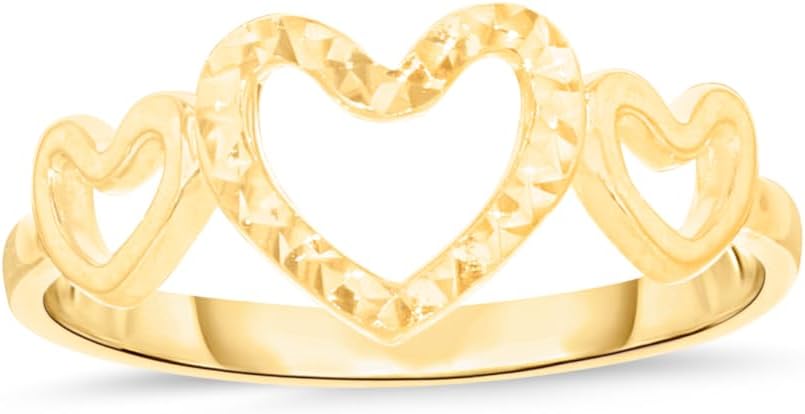 10k Yellow Gold Graduated Open Triple Hearts Ring, Size 3-11