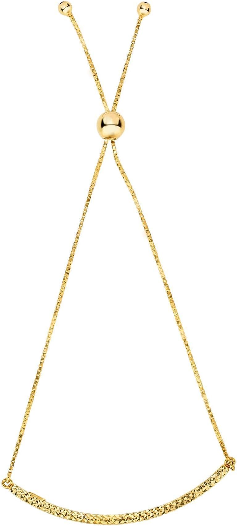 14k Yellow Gold Diamond Cut Bar Adjustable Box Link Friendship Bolo Bracelet Extendable 9.25 Inch