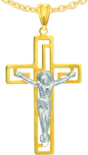 Load image into Gallery viewer, 14k Yellow Gold 1.1&quot; Greek Key Jesus Crucifix Two-Tone Cross Charm Pendant with optional Adjustable Chain Necklace
