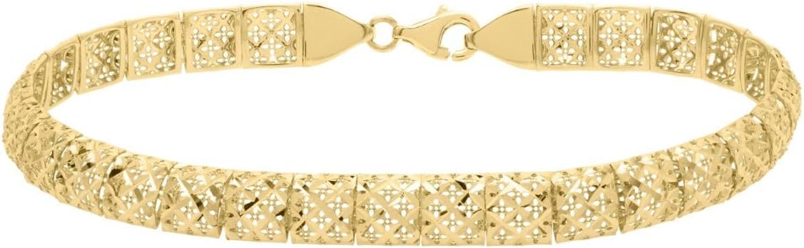 10k Yellow Gold 6.2mm Solid Textured Openwork Square Link Chain Bracelet 7.25 Inch