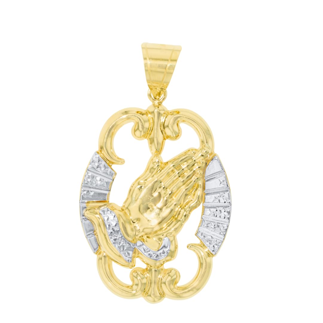 10k Yellow Gold and White Gold Praying Hands Medallion Charm Pendant