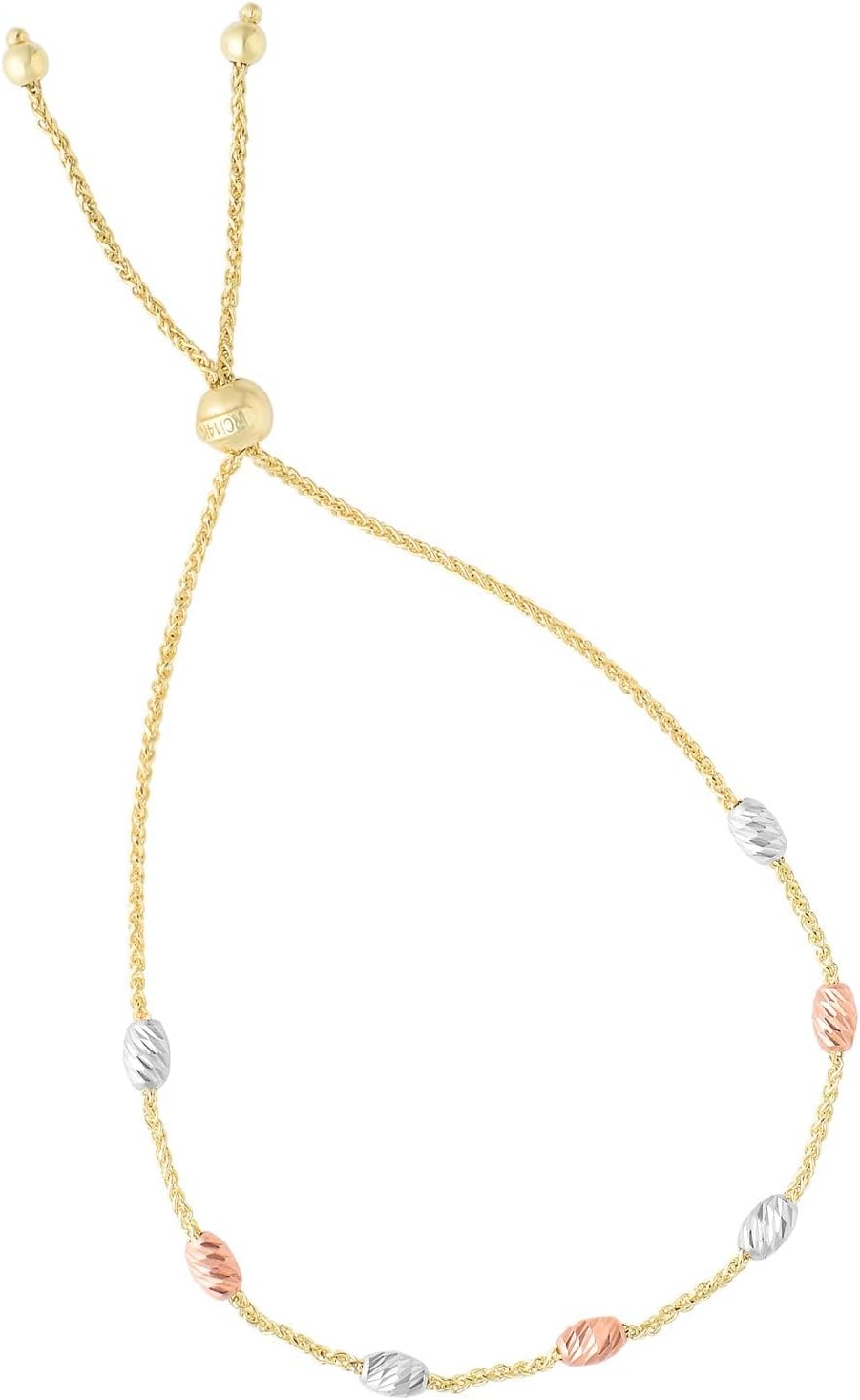 14k Tri-Color Oval Bead Ball Station Adjustable Friendship Bolo Bracelet, Extendable 9.25 Inch