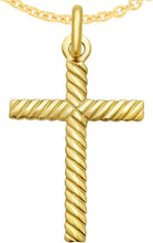 Load image into Gallery viewer, 14k Yellow Gold 1.2&quot; Ribbed Twist Cross Charm Pendant with optional Adjustable Chain Necklace
