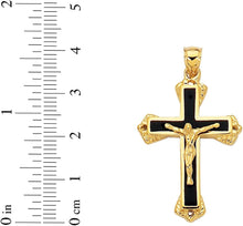 Load image into Gallery viewer, 14k Yellow Gold 1.4&quot; Layered Black Enamel Jesus Crucifix Cross Charm Pendant with optional Adjustable Chain Necklace
