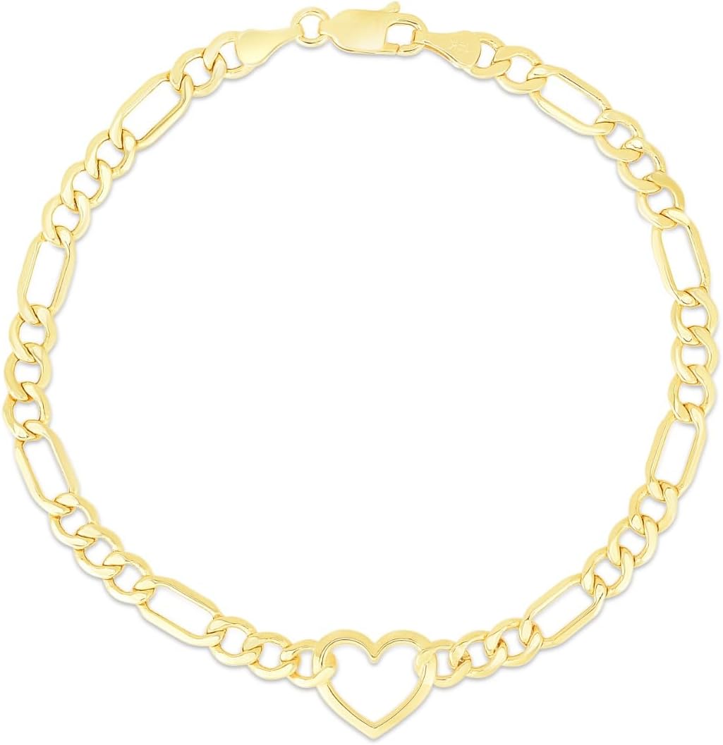 10k Yellow Gold 4.5mm Lite Figaro and Heart Charm Link Bracelet 7 Inch