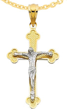 Load image into Gallery viewer, 14k Yellow Gold 1&quot; Scalloped Edge Jesus Crucifix Two-Tone Cross Charm Pendant with optional Adjustable Chain Necklace
