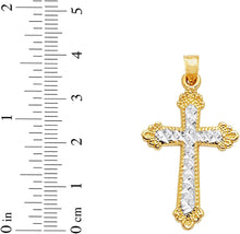 Load image into Gallery viewer, 14k Yellow Gold 1.4&quot; Scalloped Edged Two-Tone Cross Charm Pendant with optional Adjustable Chain Necklace

