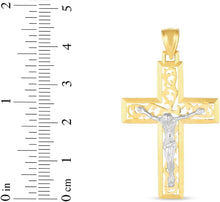 Load image into Gallery viewer, 14k Yellow Gold 1.5&quot; Vine Openwork Jesus Crucifix Two-Tone Cross Charm Pendant with optional Adjustable Chain Necklace
