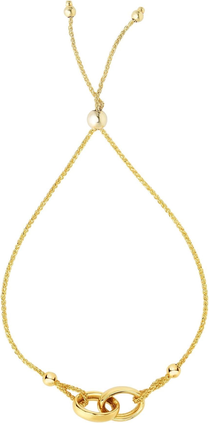 14k Yellow Gold Interlocked Rings Adjustable Friendship Bolo Bracelet, Extendable 9.25 Inch