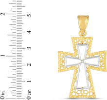 Load image into Gallery viewer, 14k Yellow Gold 1.5&quot; Filigree Openwork Wide Two-Tone Cross Charm Pendant with optional Adjustable Chain Necklace
