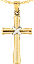 Load image into Gallery viewer, 14k Yellow Gold 1.1&quot; Knot-Tied Byzantine Two-Tone Cross Charm Pendant with optional Adjustable Chain Necklace
