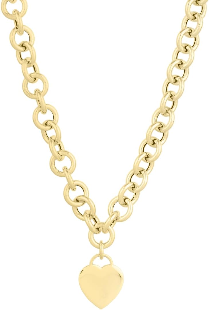 14k Yellow Gold Rolo with Heart Tag Charm Link Necklace 18 Inch