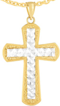Load image into Gallery viewer, 14k Yellow Gold 1.3&quot; Diamond Cut Intricate Two-Tone Cross Charm Pendant with optional Adjustable Chain Necklace
