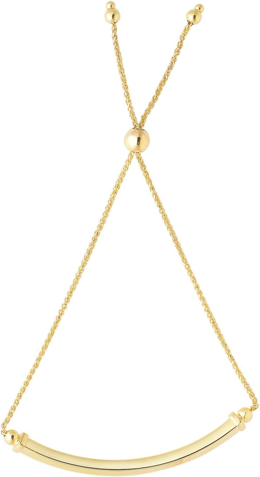 14k Yellow Gold Square Bar Adjustable Wheat Link Friendship Bolo Bracelet Extendable 9.25 Inch