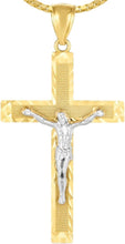 Load image into Gallery viewer, 14k Yellow Gold 1.6&quot; Diamond Cut &amp; Textured Jesus Crucifix Two-Tone Cross Charm Pendant with optional Adjustable Chain Necklace
