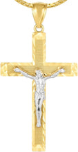 Load image into Gallery viewer, 14k Yellow Gold 1.6" Diamond Cut &amp; Textured Jesus Crucifix Two-Tone Cross Charm Pendant with optional Adjustable Chain Necklace
