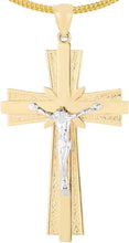 Load image into Gallery viewer, 14k Yellow Gold 1.5&quot; Layered Jesus Crucifix Two-Tone Cross Charm Pendant with optional Adjustable Chain Necklace
