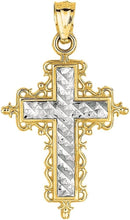 Load image into Gallery viewer, 14k Yellow Gold 0.9&quot; Filigree Openwork Two-Tone Cross Charm Pendant with optional Adjustable Chain Necklace
