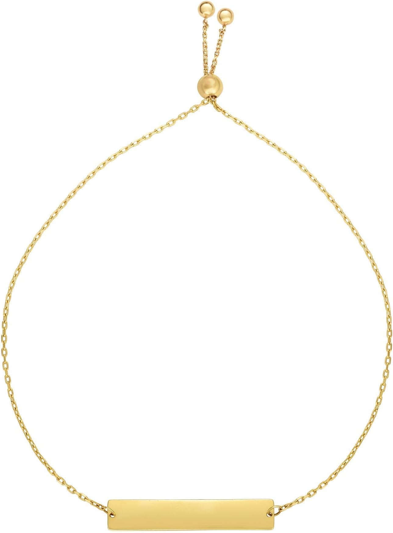 14k Yellow Gold ID Name Bar Adjustable Cable Link Friendship Bolo Bracelet, Extendable 9.25 Inch (Engravable)