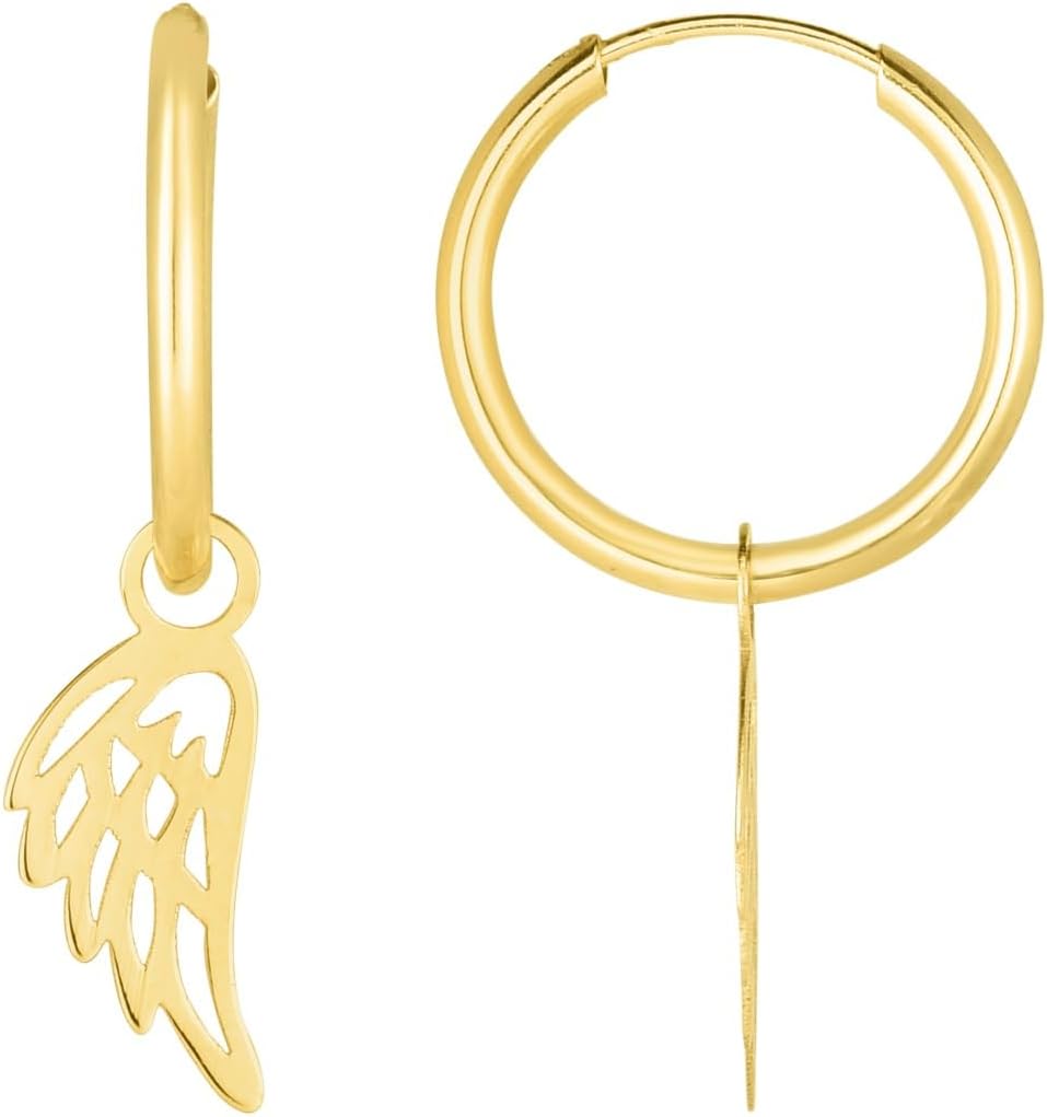 14k Yellow Gold 28.4mm Polished Angel Wing Dangle Light Weight Hoop Earrings