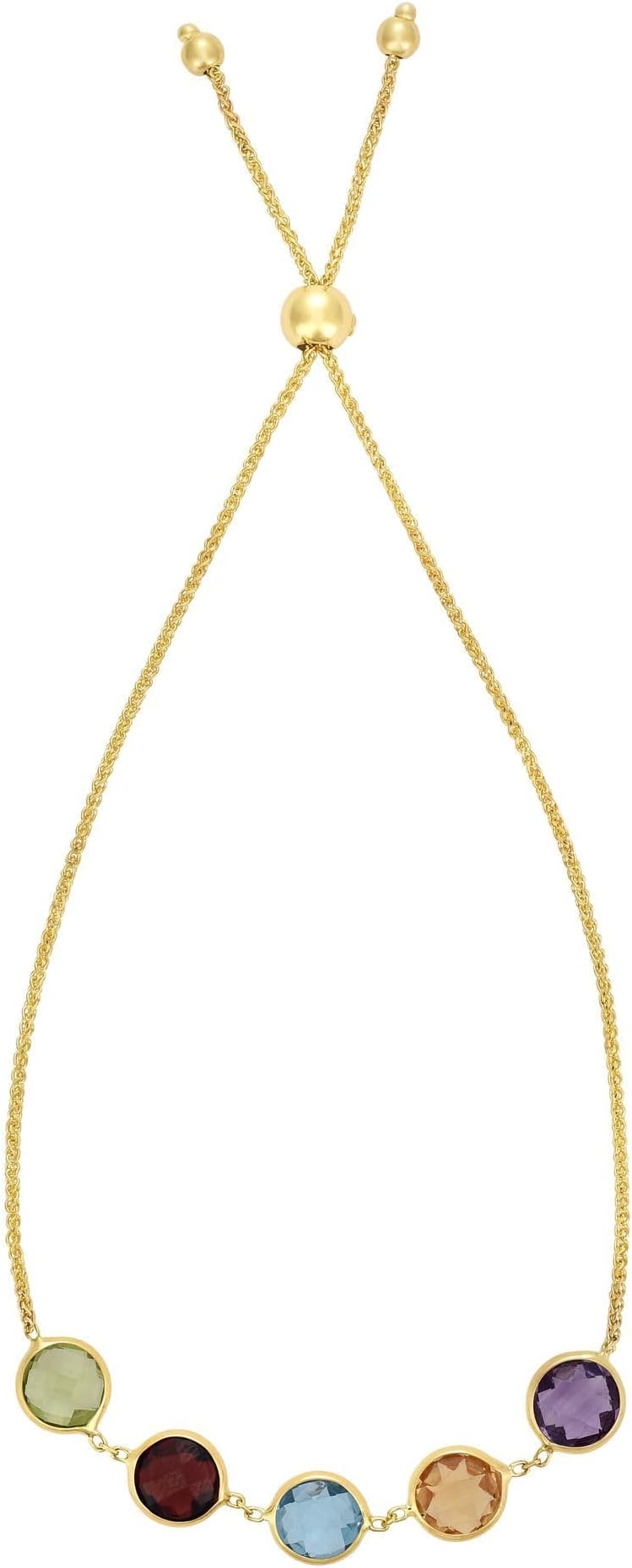 14k Yellow Gold Multi-Color Gemstones Adjustable Friendship Bolo Bracelet, Extendable 9.25 Inch