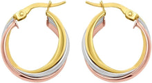 Load image into Gallery viewer, 14k Yellow Gold 20mm x 9mm or 25.8mm x 8mm Trinity Woven Hoop Tri-Color Earrings
