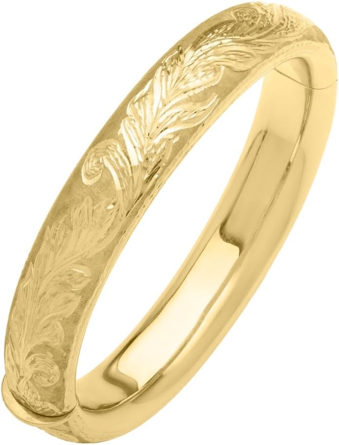 14k Yellow Gold 12mm Solid Floral Engraved Bangle Bracelet