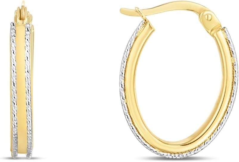 14k Yellow Gold and White Gold 18mm Polished and Diamond Cut Oval Hoop Earrings