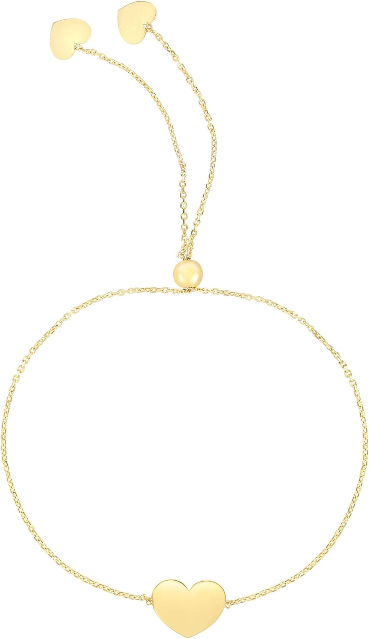 14k Yellow Gold Personalized Custom Engraved Initial Heart Charm Tag Adjustable Cable Link Friendship Bolo Bracelet, Extendable 9.25 Inch