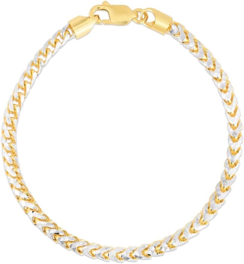 14k Yellow Gold and White Gold Two-Tone 4mm Solid Iced Pave Franco Chain Bracelet
