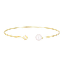 Load image into Gallery viewer, 14k Yellow Gold 2mm .035ct Diamond and Pearl Open Cuff Bangle Bracelet, 7 Inch
