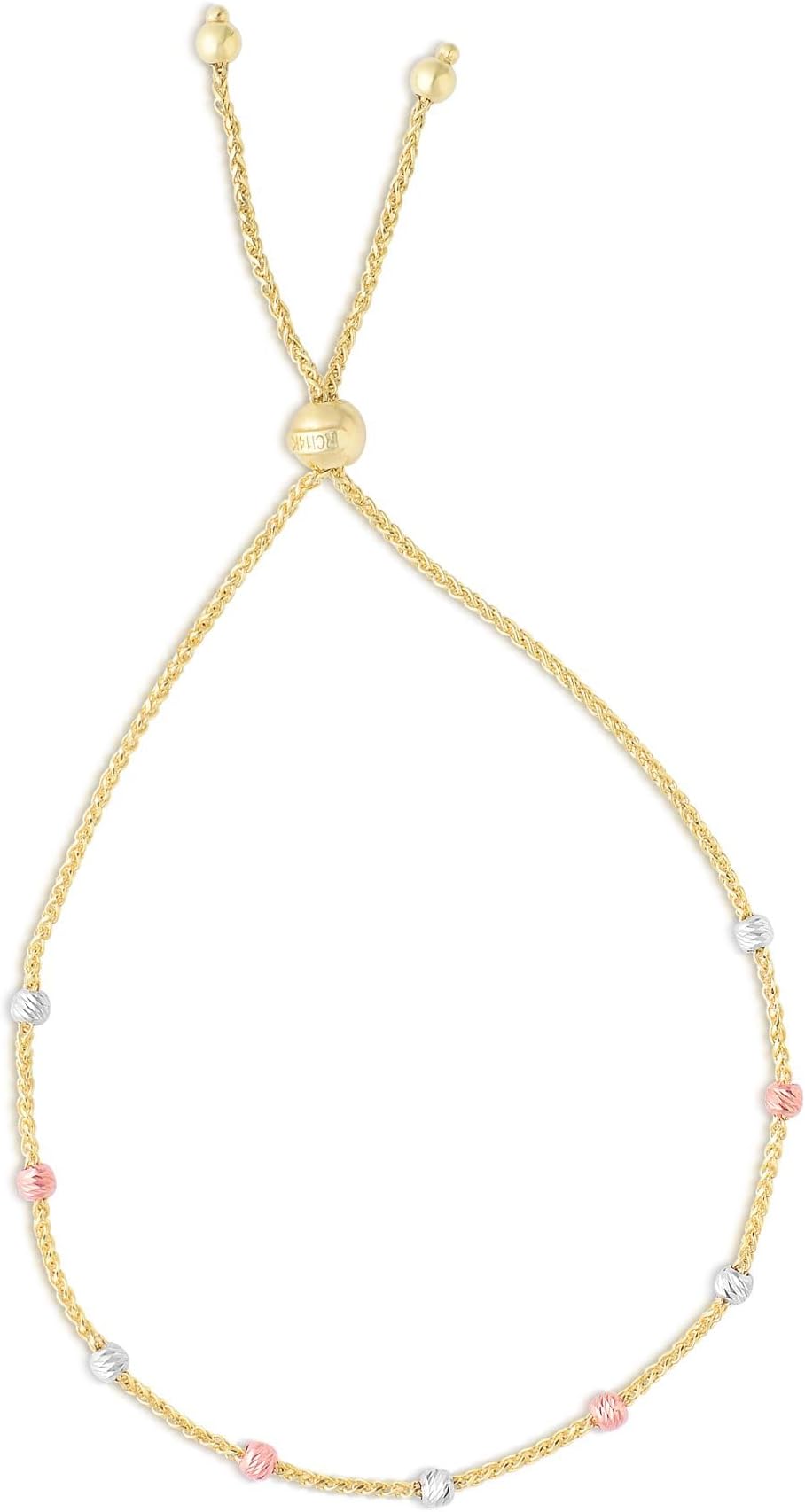 14k Tri-Color Bead Ball Station Adjustable Friendship Bolo Bracelet, Extendable 9.25 Inch