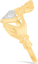 Load image into Gallery viewer, 10k Yellow Gold 12.8mm Claudagh Hand with CZ Crown Heart Ring, Sizes 4-10
