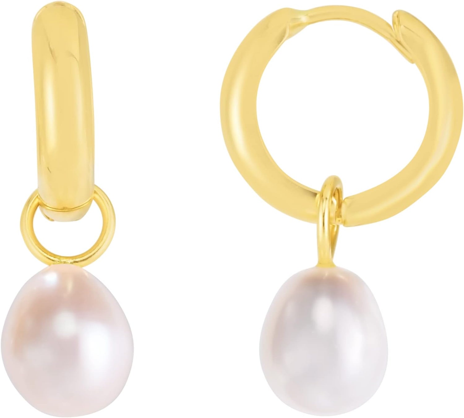 14k Yellow Gold 22.4mm Pearl Drop Huggie Earrings