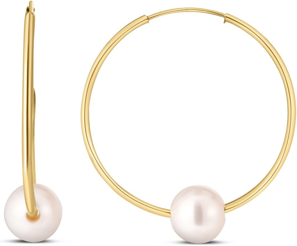 14k Yellow Gold 25mm Round Endless Hoop with 6-7mm Pearl Earrings