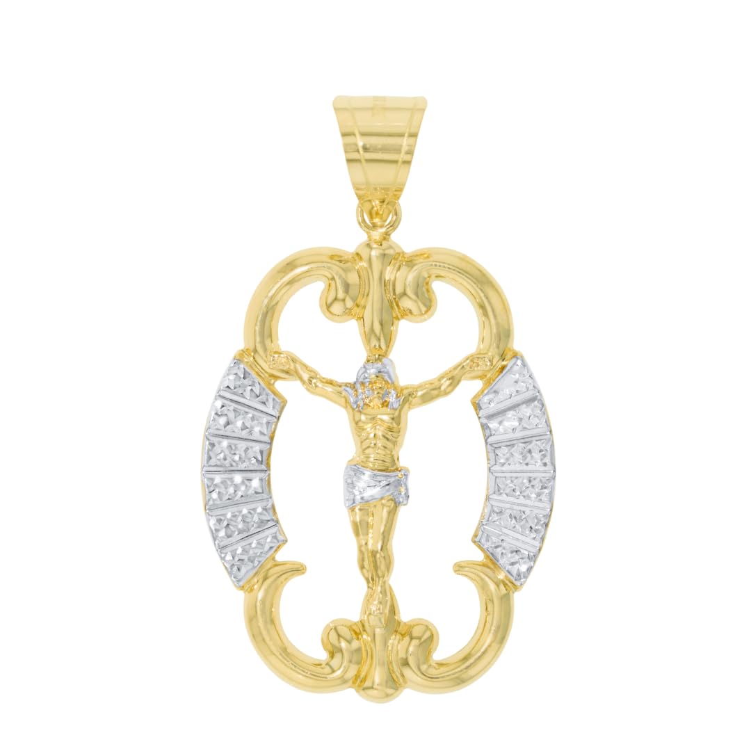 10k Yellow Gold and White Gold Jesus Christ Crucifix Medallion Charm Pendant