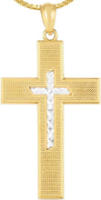 Load image into Gallery viewer, 14k Yellow Gold 1.1&quot; Diamond Cut &amp; Textured Nested Two-Tone Cross Charm Pendant with optional Adjustable Chain Necklace
