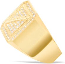 Load image into Gallery viewer, 10k Yellow Gold 16.2mm Pave CZ Beveled Square Signet with Diamond Cut Strip Ring, Sizes 4-13
