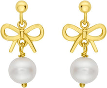 Load image into Gallery viewer, 14k Yellow Gold 23.1mm x 11.5mm Bow Pearl Drop Earrings
