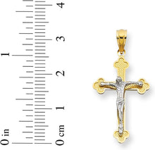 Load image into Gallery viewer, 14k Yellow Gold 1" Scalloped Edge Jesus Crucifix Two-Tone Cross Charm Pendant with optional Adjustable Chain Necklace
