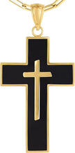 Load image into Gallery viewer, 14k Yellow Gold 1.1&quot; Nested Black Enamel Cross Charm Pendant with optional Adjustable Chain Necklace
