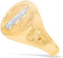 Load image into Gallery viewer, 10k Yellow Gold 17mm Our Lady Of Guadalupe Virgin Mother Mary Pray For Us with Cross Catholic Saint Religious Medallion Men&#39;s Ring, Sizes 5 - 13
