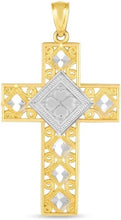 Load image into Gallery viewer, 14k Yellow Gold 1.1&quot; Filigree Four-Leaf Clover Openwork Two-Tone Cross Charm Pendant with optional Adjustable Chain Necklace
