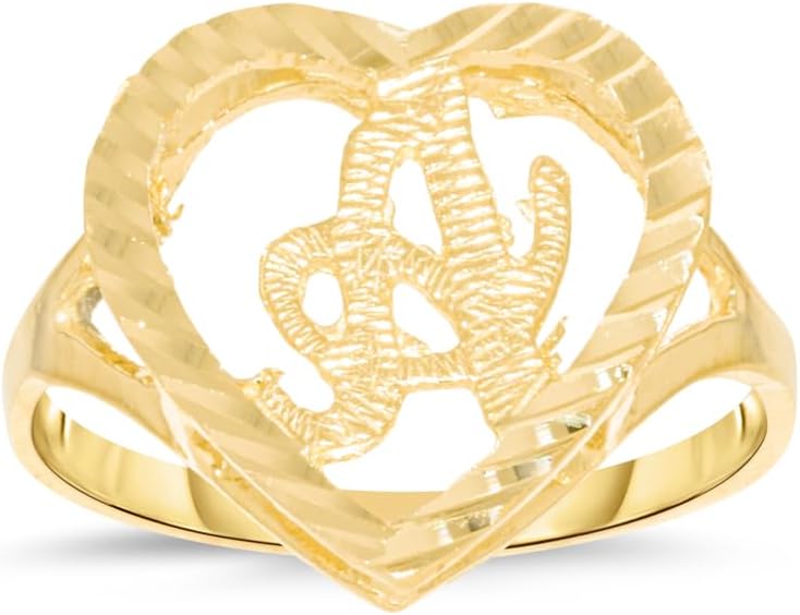 10k Yellow Gold 15mm Heart Shape Letters A-Z Initial Ring Size 4-9