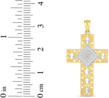 Load image into Gallery viewer, 14k Yellow Gold 1.1&quot; Filigree Four-Leaf Clover Openwork Two-Tone Cross Charm Pendant with optional Adjustable Chain Necklace
