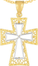 Load image into Gallery viewer, 14k Yellow Gold 1.5&quot; Filigree Openwork Wide Two-Tone Cross Charm Pendant with optional Adjustable Chain Necklace
