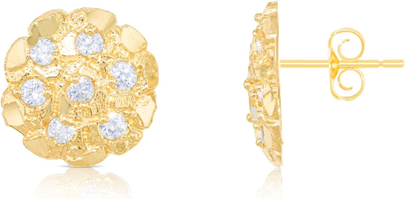 10k Yellow Gold CZ Solid Round Nugget Earrings