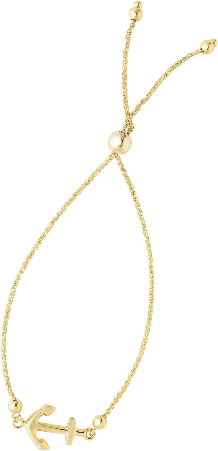 14k Yellow Gold Anchor Charm Adjustable Wheat Link Friendship Bolo Bracelet, Extendable 9.25 Inch