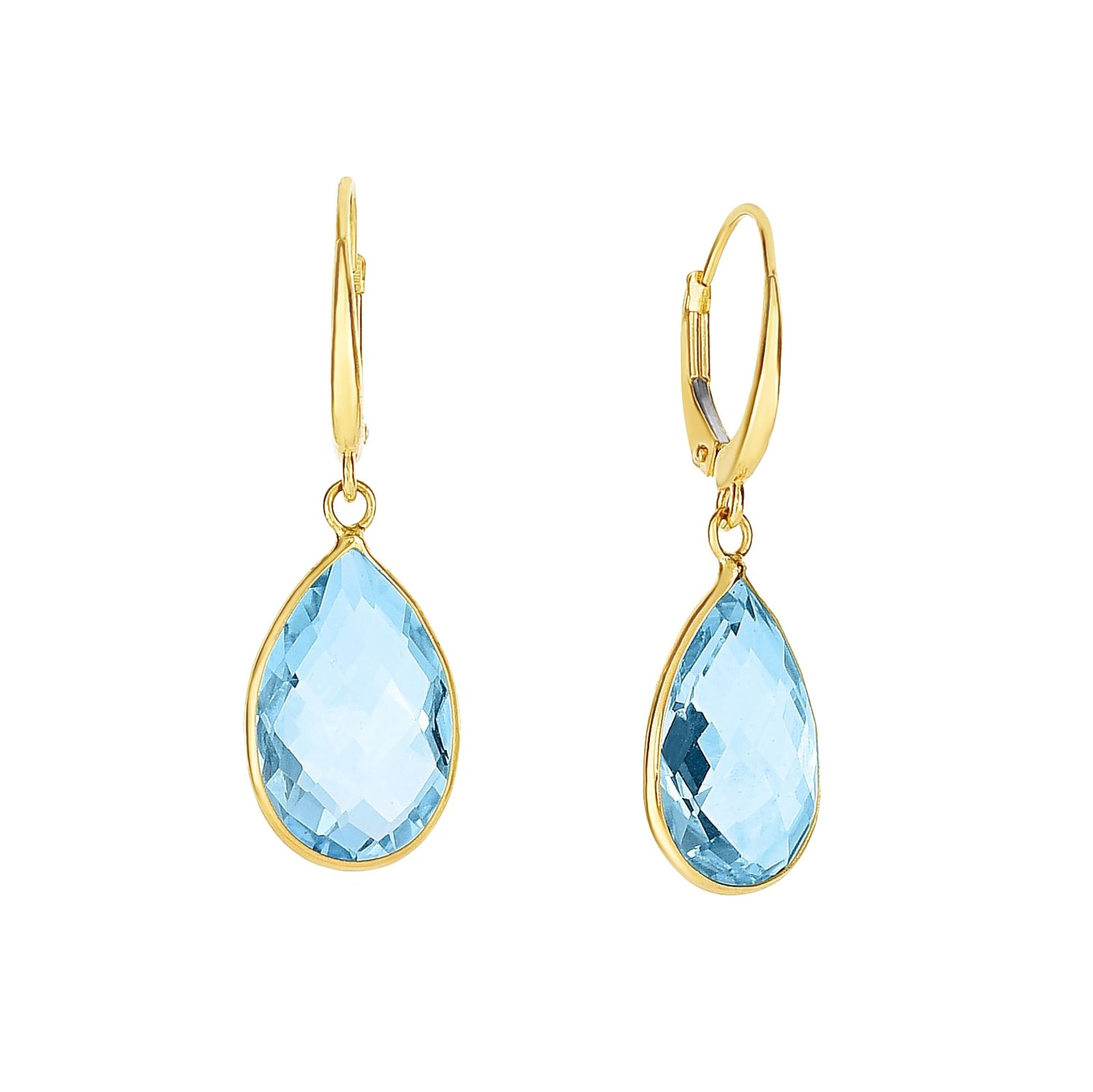 14k Yellow Gold 30mm Blue Topaz Pear Drop Earrings